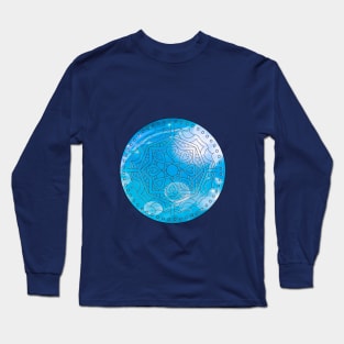 BLUE HEART LEADLIGHT MANDALA, MANDALA BLUE CIRCLES, GEOMETRY MANDALA Long Sleeve T-Shirt